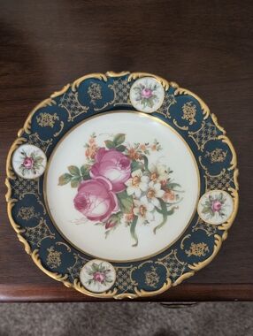 Antique Fischer & Mieg Porcelain Plate 14k Gold Border  Cottagecore Floral